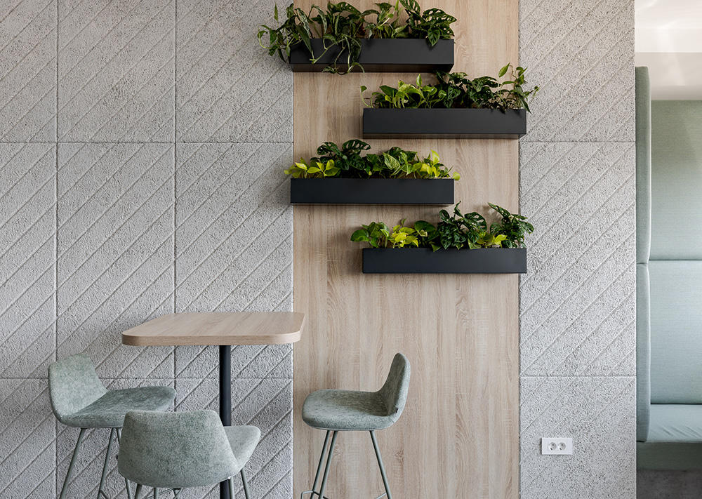 Plants at the wall, next to table and chairs