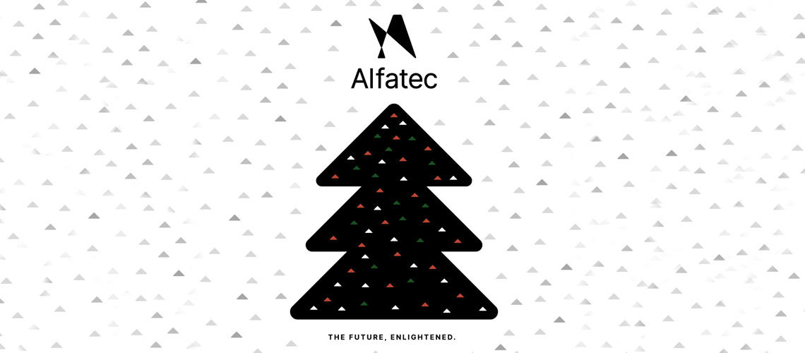 Christmas card, Christmas tree, Alfatec Group logo