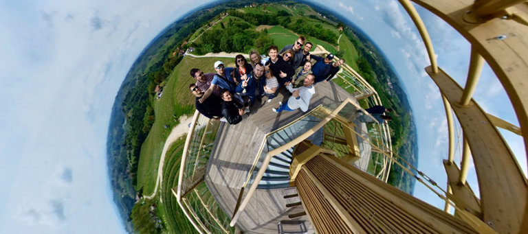 People standing on the round stairs