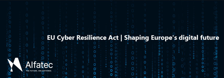 Matrix background, with Alfatec logo, and EU Cyber resilience act text